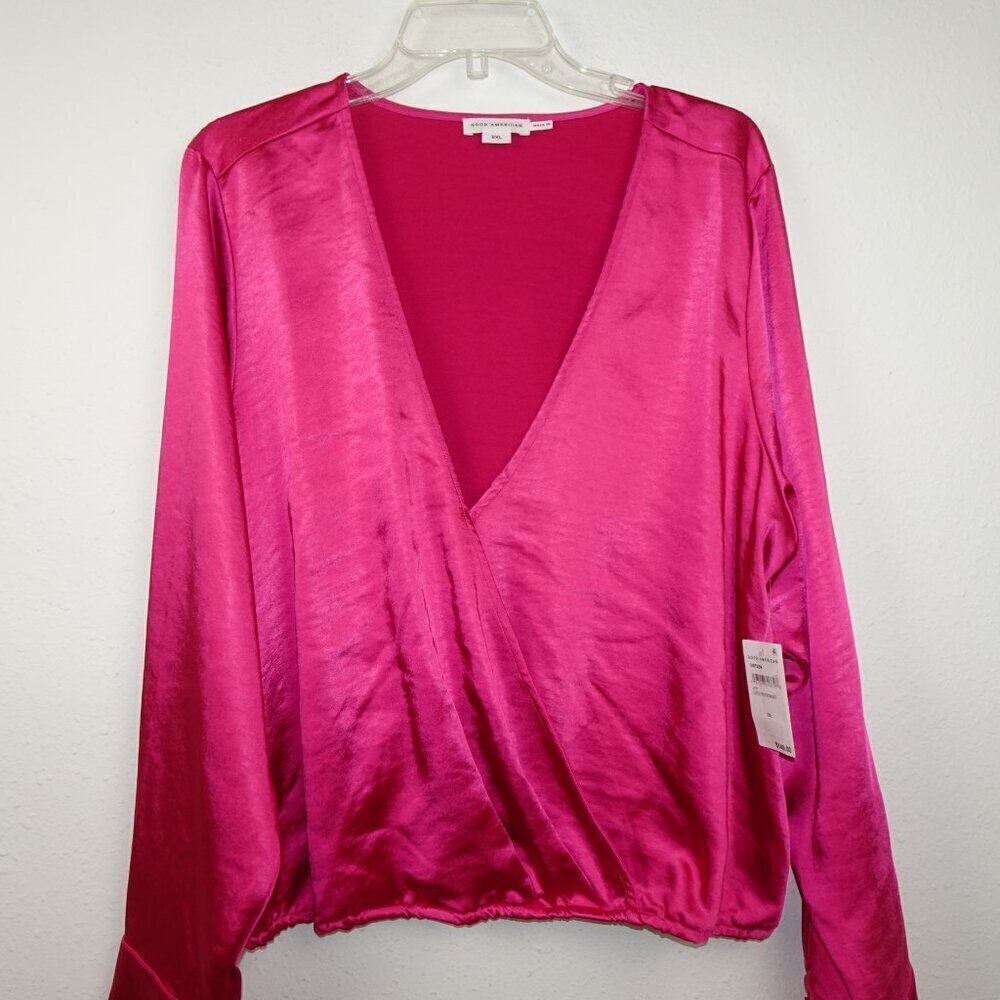 Good American V-Neck Top Women's Size 2XL Pink Satin Wrap Long Sleeve - Picture 3 of 11